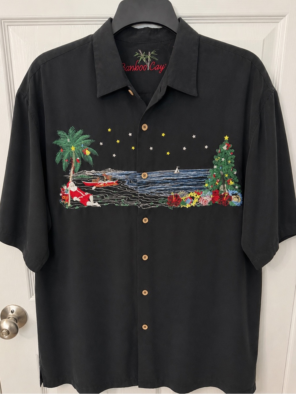 Bamboo Cay Black Embroidered Holiday-Aloha Men's Button Shirt